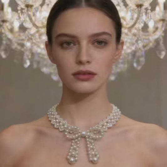 Hand Beaded Pearl Bow Statement Necklace